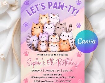Invito di compleanno a tema gatto, compleanno Paw-ty, invito di compleanno per gatti, invito per gatti, sei tu il mio gattino, modello Canva modificabile
