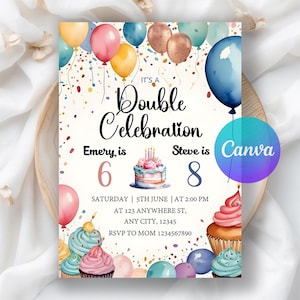 Könnte beinhalten: Eine farbenfrohe Geburtstagseinladung mit dem Text "It's a Double Celebration". Die Einladung zeigt Ballons, Konfetti, Cupcakes und einen Kuchen mit Kerzen. Für Emery, 6 Jahre, und Steve, 8 Jahre.