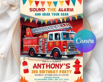 Feuerwehrauto-Geburtstagseinladung, Feuerwehrauto-Einladung, Feuerwehrmann-Geburtstag einladen, Feuerwehrauto-Party-Digital einladen, bearbeitbare Canva-Vorlage
