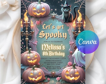 Invitación para fiesta de Halloween, invitación para fiesta de Halloween para preadolescentes, invitación rosa espeluznante para preadolescentes, fiesta espeluznante, plantilla editable de Canva