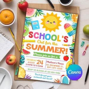 Invitación editable para fiesta de fin de curso, fiesta de fin de curso, fiesta de verano en la piscina, fiesta en la piscina, hola verano, plantilla editable de Canva