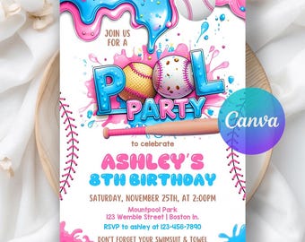 Invito per festa di compleanno a tema baseball, invito per compleanno a tema baseball, baseball drip, download digitale per festa sportiva, modello Canva modificabile