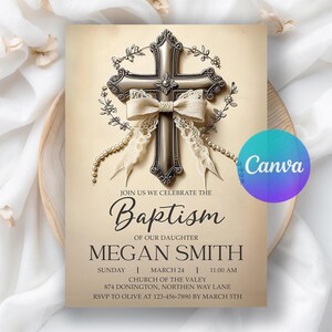 May include: Baptism invitation featuring a silver cross with a cream-colored bow and lace accents. The invitation includes the text "Join us we celebrate the Baptism of our daughter Megan Smith" and event details.