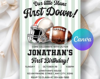 Editable Football Birthday Invitation, First Year Down, Football Birthday, Boy First Birthday Invite, Boy Game On, Printable Canva Template