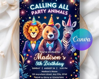 Calling All Party Animals Birthday Invitation, Safari Party Invitation, Fun Animal Themed Party, Neon Party Invite, Editable Canva Template
