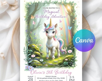 Unicorn Birthday Invitation, Unicorn Birthday Party, Whimsical Fairytale Unicorn Princess Printable Digital Invite, Editable Canva Template