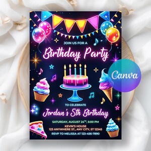 Glow Birthday Party Invitation, Girl Boy Neon Party Invite, Neon Lights Glow Kids Template, Glow Crazy Party Invite, Editable Canva Template