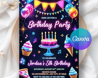 Glow Birthday Party Invitation, Girl Boy Neon Party Invite, Neon Lights Glow Kids Template, Glow Crazy Party Invite, Editable Canva Template