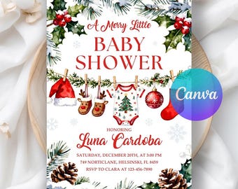 May include: A festive baby shower invitation with the text "A Merry Little Baby Shower" in red. The design includes illustrations of a Santa hat, reindeer booties, a onesie with a Christmas tree, and Christmas ornaments.