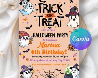 Trick or Treat Invitation, Halloween Birthday Invitation, Halloween Invitation, Spooky Birthday Digital Download, Editable Canva Template