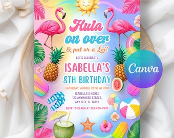 Invitación de cumpleaños para chica hula: Fiesta tropical hawaiana, verano, flamenco, arcoíris (plantilla digital Canva)
