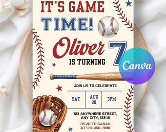 Baseball Birthday Invitation, Rookie of the Year, Sports Party Invite, Digital Download, Editable Canva Template