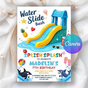 Waterslide Birthday Invitation, Boy or Girl Splash Party Invite, Summer Pool Party, Water Slide Bash, Splash Birthday Invite, Editable Canva