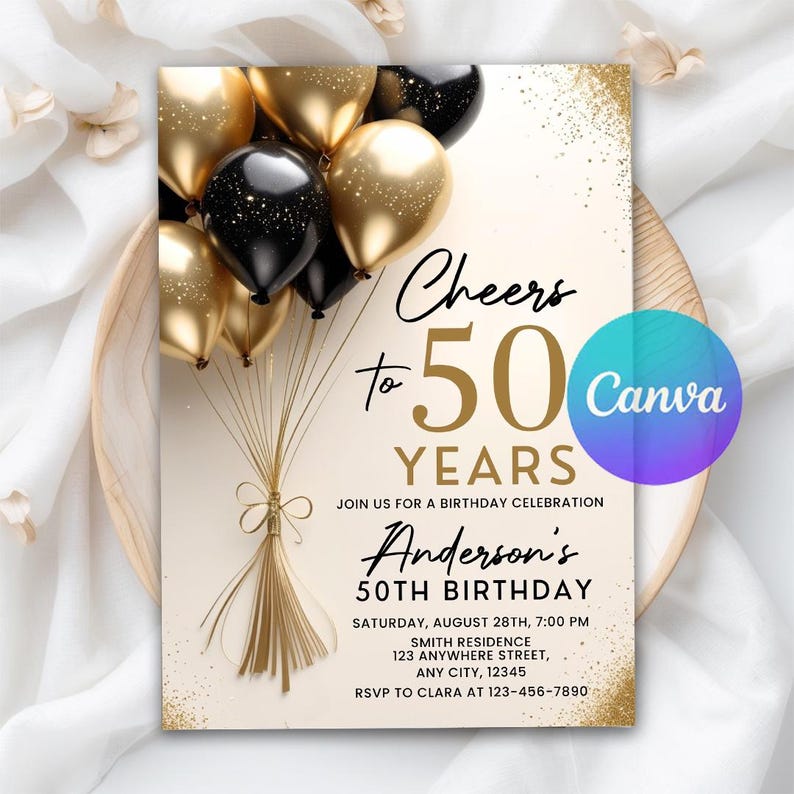 Black Gold Invite, 50th birthday invite, Birthday Dinner, womens 50th birthday, Fifty Birthday, 50th Party, 50th digital invite, text message invite, Birthday Brunch, 50th invitation, 50th birthday mens
