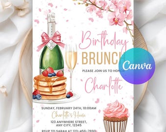 Birthday Brunch Invitation, Brunch Flyer Birthday Invite, Champagne Party, Pancake Flyer, Brunch, INSTANT DOWNLOAD, Editable Canva Template