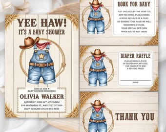 Blue Jean Cowboy Baby Shower Invitation, Boy Western Themed Party, Editable Canva Template Digital Download