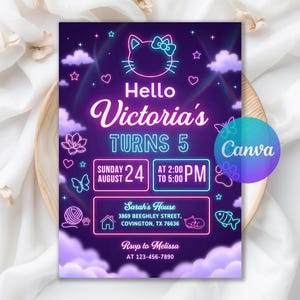 May include: A rectangular birthday invitation card with a dark purple background featuring neon-style graphics of a cat outline, clouds, stars, hearts, butterflies, and a yarn ball. The text reads Hello Victoria's Turns 5, Sunday August 24, 2:00 PM to 5:00 PM, Sarah's House, 3869 Beeghley Street, Covington, TX 76636, and Rsvp to Melissa at 123-456-7890.