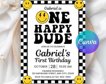 One Happy Dude Birthday Invitation, Smiley Face Retro One Happy Dude First Birthday Party Printable Invitation Template, Editable in Canva