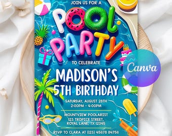 Editable Pool Party Birthday Invitation, Summer Birthday Invite, Tropical Swimming Pool Party, Instant Download Editable Canva Template