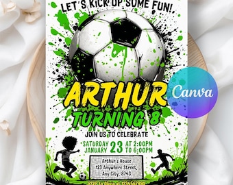 Soccer Birthday Invitation, Football Invitation, Kickoff Celebration Soccer Party, Soccer Invitation, Sports Invite, Editable Canva Template