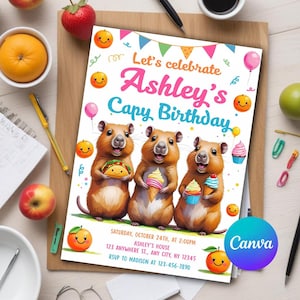 Capybara Birthday Invitation, Capybara invitation, Capy Birthday, Kawaii Capybara, Capybara Party Printable Digital Editable Canva Template