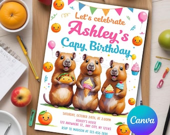 Capybara Birthday Invitation, Capybara invitation, Capy Birthday, Kawaii Capybara, Capybara Party Printable Digital Editable Canva Template