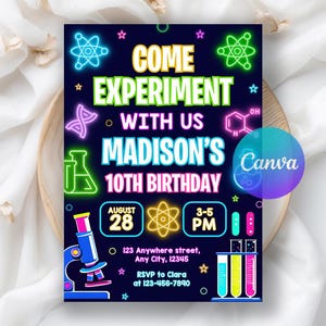 May include: A dark blue birthday invitation with neon green, pink, and yellow accents. The invitation reads "Come Experiment With Us" and "Madison's 10th Birthday." Includes date, time, address, and RSVP information. Features science-themed graphics.