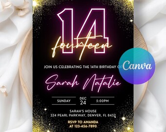 Puede incluir: Invitación de cumpleaños negra con un diseño rosa neón y amarillo. El número 14 es prominente, con la palabra "fourteen" debajo. La invitación incluye el nombre "Sarah Natalie", la fecha, la hora y los detalles del lugar. El logotipo de Canva es visible.