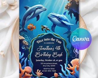 May include: An invitation with an underwater theme. It features a blue background with dolphins, a whale, and coral. Text reads "Dive into the Fun to celebrate Jonathan's 4th Birthday Bash" with event details. The Canva logo is in the corner.