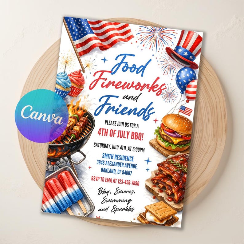 4th Of July BBQ Invitation, Party In USA Invite, Independence Day BBQ Barbeque Invite, July Fourth Food Friend and Firework, Editable Canva
independence day bbq,4th july bbq invite,4th july barbeque,4th july bbq,4th july printable,4th july template,4th july invitation,4th of July Invite,July fourth invite,red white blue party,fourth of july party,patriotic invites,party in the usa
4th of July BBQ Invitation, Editable USA Independence Day Party Invite, Digital Canva Template