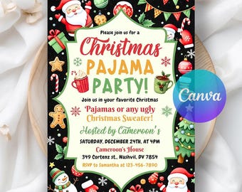 Christmas Pajama Invitation, Pajamas Party, Christmas Holiday Party Invitation, Xmas Party Invite, Digital Download, Editable Canva Template