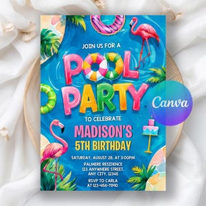 Pool Party Birthday Invitation, Summer Birthday Party Invite, Pool Party Invitation, Summer Party, Swimming Party, Editable Canva Template