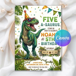 Five A-Saurus Birthday Invitation, Dinosaur Birthday Invitation, T-rex Birthday Invite, Dinosaur Theme Party Invite, Editable Canva Template