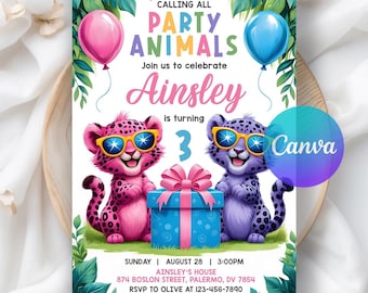 Calling All Party Animals Invitation, Party Animal Kids Birthday Invite, Cute Animals in Birthday, Digital Download, Editable Canva Template