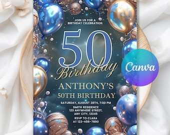 Editable Blue and Gold Birthday Invitation, Printable Navy Blue Birthday Party Invite, Classy Balloons Text Invite, Editable Canva Template