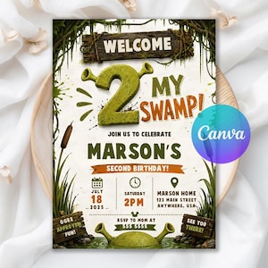 May include: A birthday invitation card featuring a swamp theme with a large green number two, vines, and cattails. The text reads: Welcome to my swamp, join us to celebrate Marson's second birthday, July 18, 2025, 2 PM, Marson home, 123 Main Street.