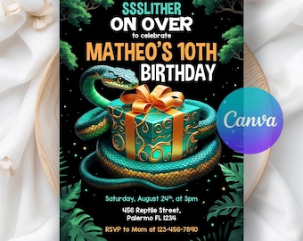 May include: A birthday invitation with a snake coiled around a gift box. The invitation reads "SSSLITHER ON OVER to celebrate MATHEO'S 10TH BIRTHDAY." Additional text includes the date, time, address, and RSVP information. The design features a teal and gold color scheme.