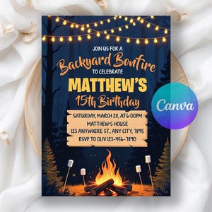 Inbjudan till födelsedagsfest med brasa, inbjudan till brasa i trädgården, födelsedagsinbjudan till S'mores, utskrivbar digital redigerbar Canvas-mall