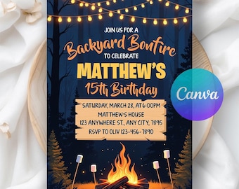 Bonfire Birthday Invitation, Backyard Bonfire Invite, S'mores Birthday Invitation, Bonfire Party Printable Digital Editable Canva Template