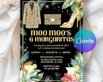 Moo Moos and Margaritas Invitation, Ladies Night Invite, Glam Party Bachelorette Invite, Leopard Pajama Girls Day Invite, Editable Canva