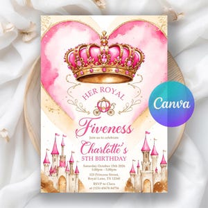 Faire-part d'anniversaire princesse sa Royal Fiveness, invitation d'anniversaire de princesse, modèle de toile modifiable numérique imprimable château de princesse filles