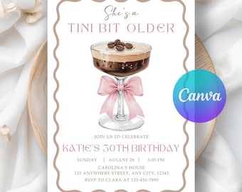 A Tini Bit Older Birthday Party Invitation, EDITABLE Pink Bow Martini Themed Birthday Invite, Coquette Dirty Thirty, Editable Canva Template