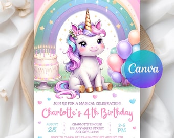 Unicorn Birthday Invitation, Magical Rainbow Unicorn Birthday Party, Girl Pink Pastel Magical Birthday Invitation, Editable Canva Template