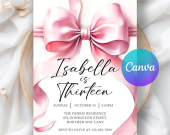 Pink Bow Coquette Birthday Invitation, ANY AGE Bow Theme Birthday Party, Girl Teen Birthday Invite, Digital Download,Editable Canva Template