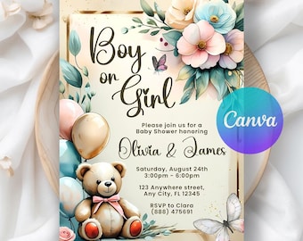 Teddy Bears Gender Reveal Invitation, Pink And Light Blue He or She, Teddy Bear Idea Gender Reveal Digital Invite, Editable Digital Download