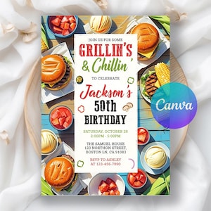 May include: A colorful invitation for Jackson's 50th birthday, featuring burgers, corn, and other barbecue foods. The text reads "Grillin's & Chillin'" and includes event details like the date, time, and location.