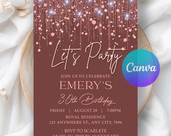 Editable Let's Party Surprise Birthday Invitation, 60th Birthday Invitations, Rose Gold Birthday Invite for Her, Editable Canva Template