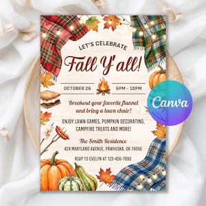 May include: A fall-themed invitation card featuring a wood-grain background, plaid blankets, string lights, pumpkins, a campfire, s'mores, and a hot dog. Text reads: LET'S CELEBRATE Fall Y'all! OCTOBER 26 6PM-10PM, The Smith Residence, 424 Maryland Avenue.