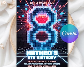 Editable 8th Birthday Invitation, Boy Birthday Invitation, Building Blocks Printable Invitation, Digital Download, Editable Canva Template
