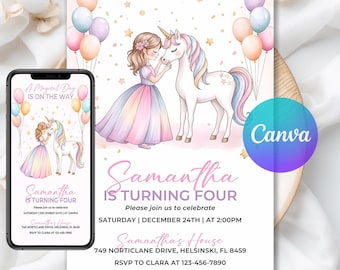 May include: A birthday invitation featuring a girl and a unicorn with a rainbow mane and tail. The invitation includes the text "Samantha is turning four" and event details. The design includes balloons and stars.
